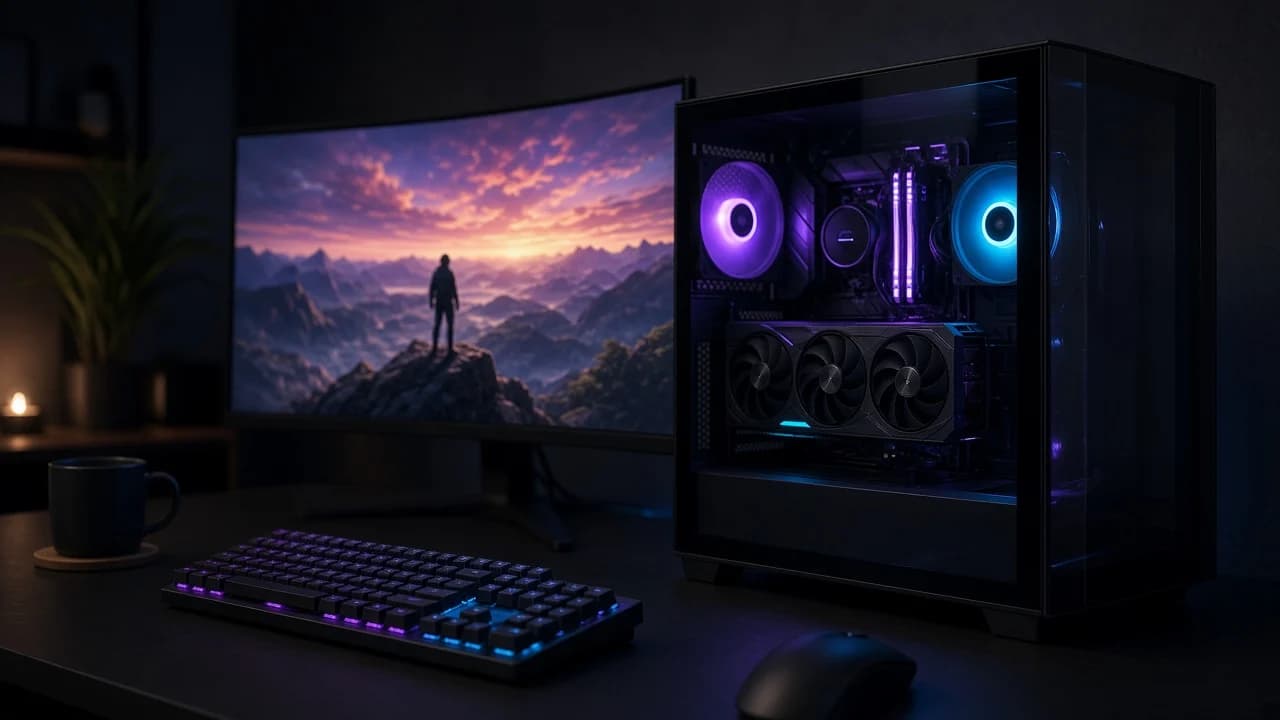 Setup de PC gamer con torre, monitor y teclado en escritorio oscuro